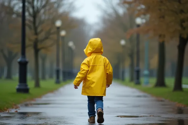 Child in Yellow Raincoat Walking in Park