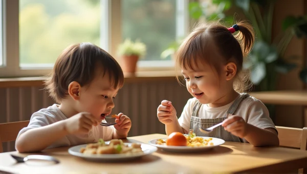 Children Eating Together at Wooden Table