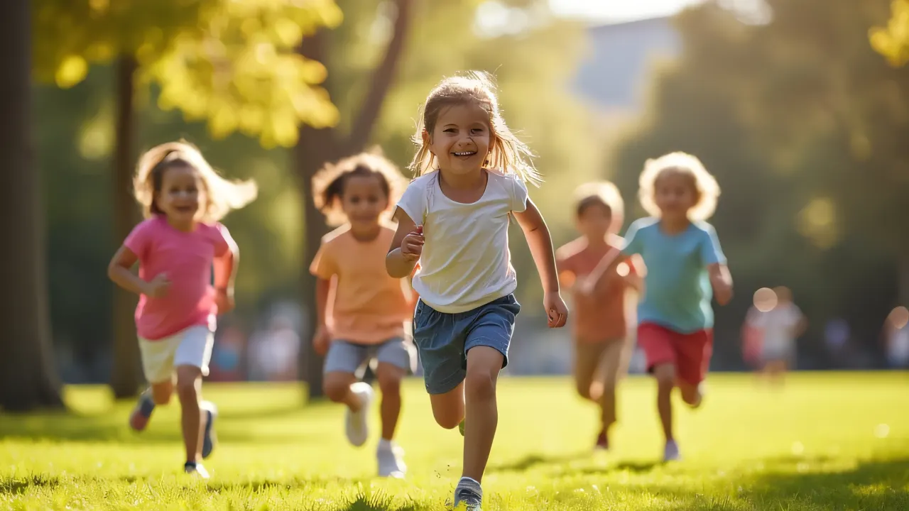 Candid shot of diverse children playing and swinging in a sunny park.