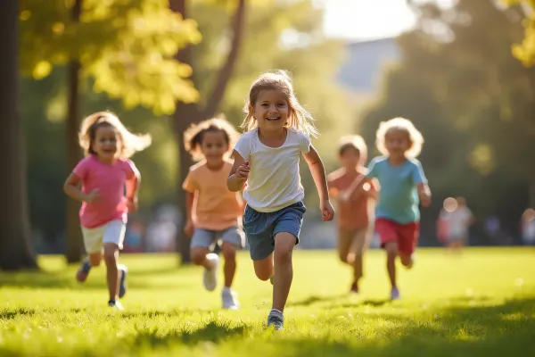Children Playing Outdoors in Sunlit Park