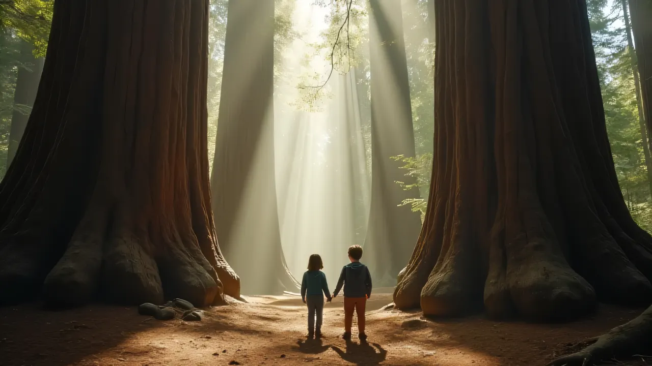 Two children enjoy a moment under towering sequoia trees in a serene forest clearing.