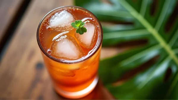 Chilled Drink Tumbler With Leaf On Wooden Table