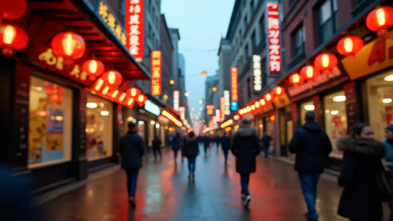 Blurred neon signage in Chinatown with wet pavement reflections and pedestrians in motion.