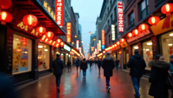 Chinatown Street View With Neon Signage and Reflection