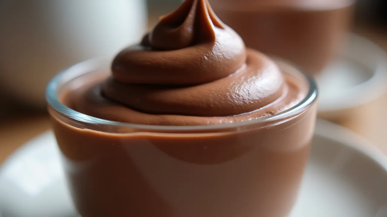 Close-up of chocolate mousse served in a glass ramekin with whipped peaks.