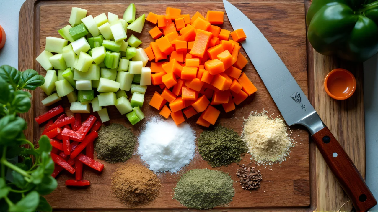 Assorted chopped vegetables and spices on a wooden cutting board with herbs and kitchen tools.