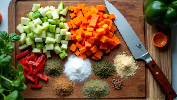 Chopped Vegetables And Spices On Cutting Board