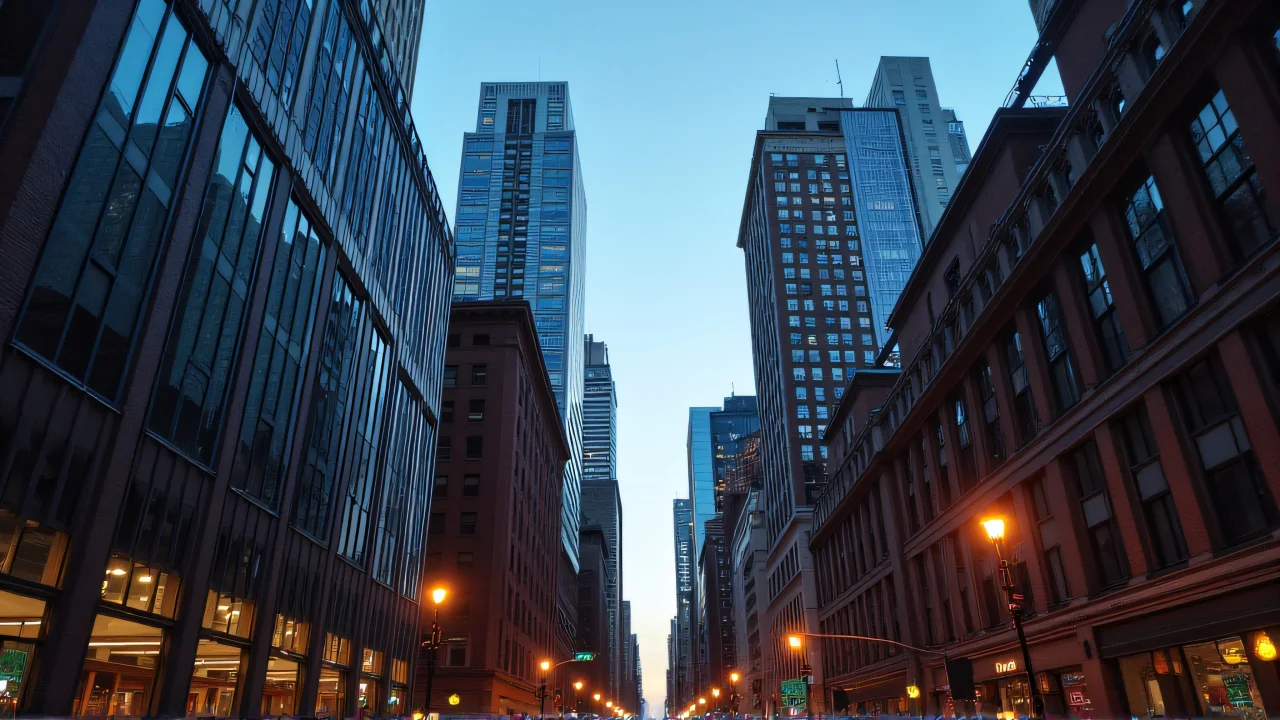 Wide-angle view of city buildings at dusk with glowing traffic lights.