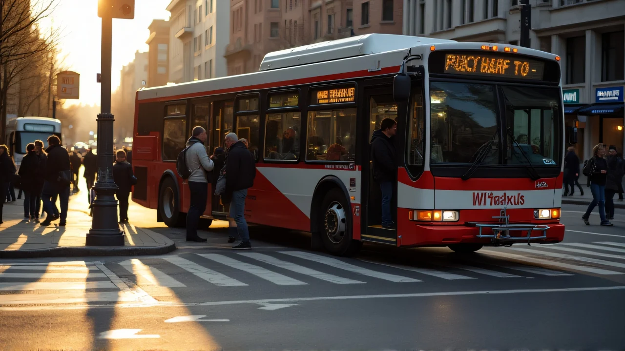 A city bus stops at a crosswalk as passengers board during the evening.
