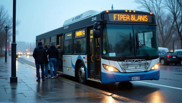 City Bus Boarding Under Overcast Sky