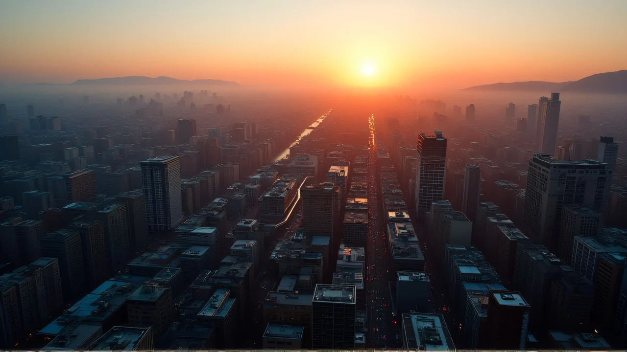 Bird's-eye view of a city grid at sunrise with reflective rooftops and mountains in the background.