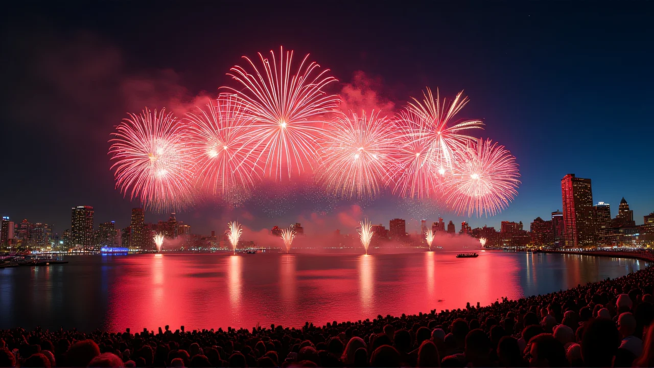 Long-exposure view of fireworks over a city harbor with reflections on water and a silhouetted skyline.