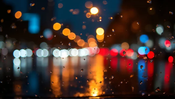 City Night Lights Bokeh Close-Up with Rain