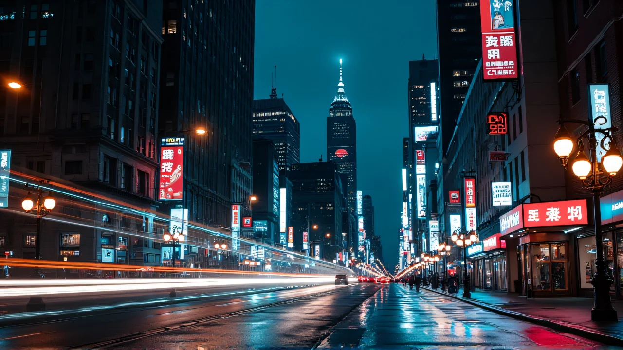 A vibrant city at night featuring neon lights and wet streets reflecting the skyline.