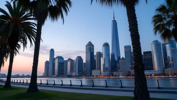 City Skyline at Dusk with Palm Trees Framing