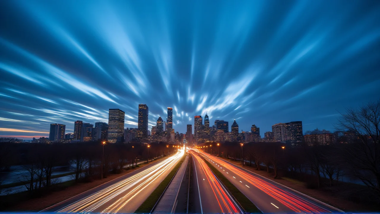 Long exposure of a city skyline at dusk with trailing vehicle lights and streaked clouds.