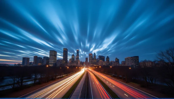 City Skyline Dusk Long Exposure With Streaking Lights