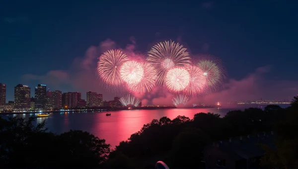 City Skyline Night Sky With Colorful Fireworks