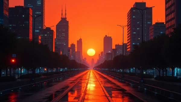 City Skyline Under Orange Night Sky With Neon Lights