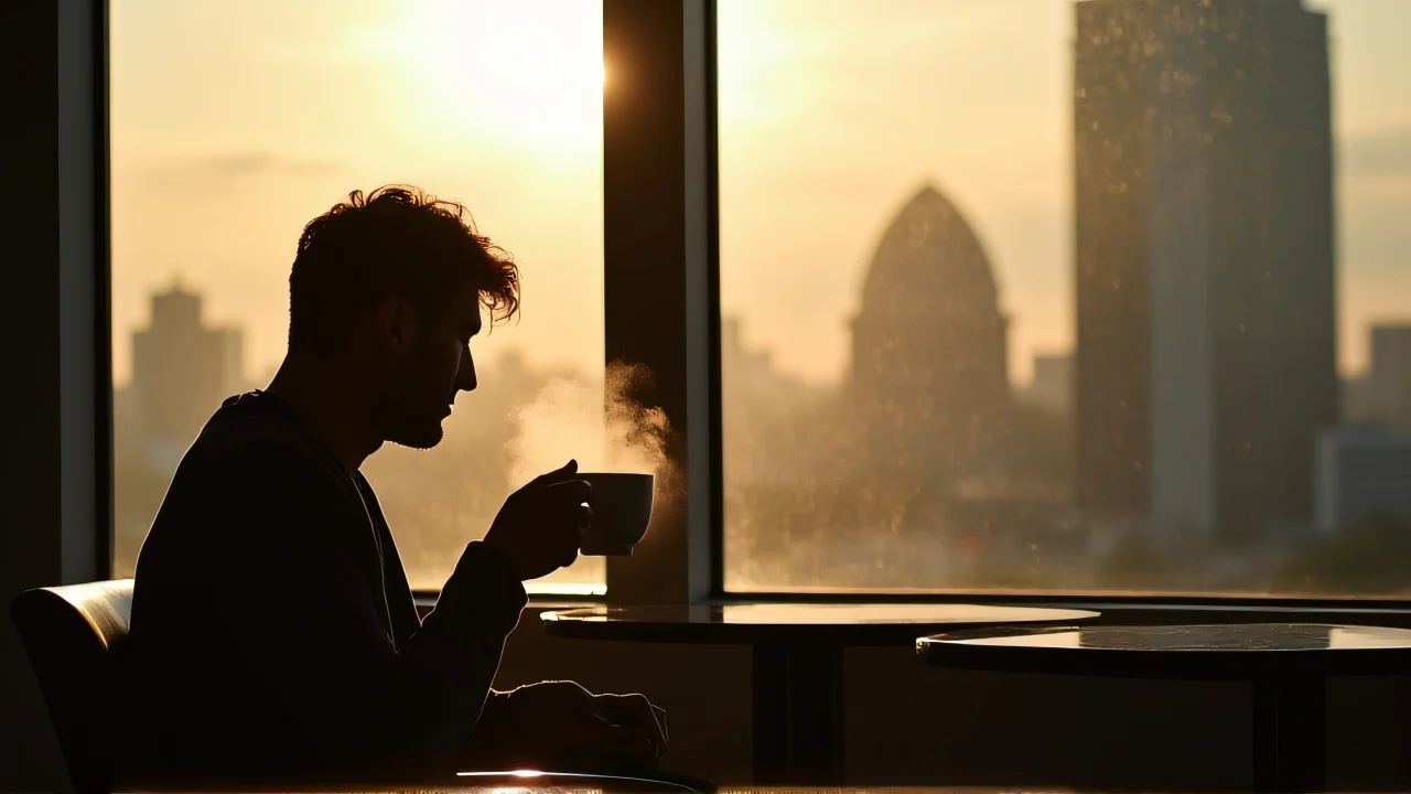 A person enjoys coffee by the window with city skyline outside.