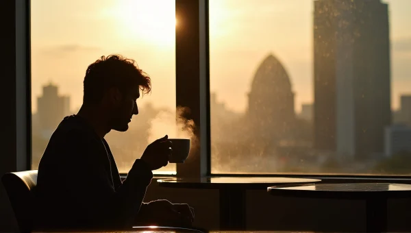City Skyline View With Steam Coffee Mug