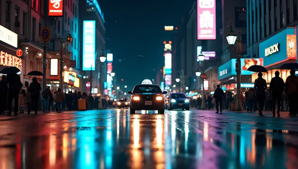 City Street Night Reflection Neon Signs Umbrellas