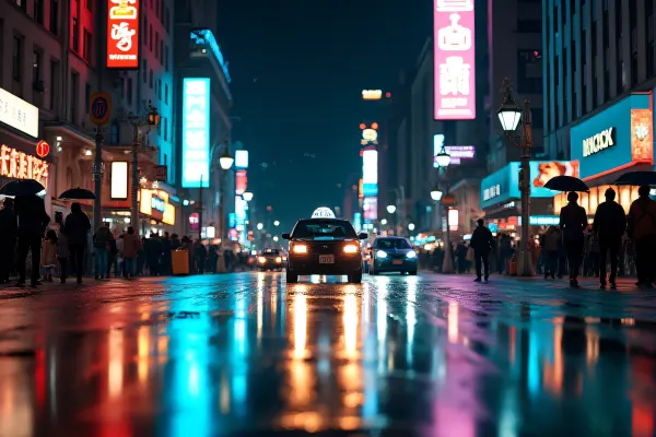 City Street Night Reflection Neon Signs Umbrellas