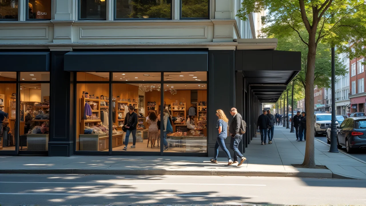 A bustling city street storefront with pedestrians passing by assorted merchandise displays.