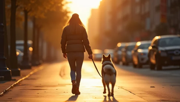 City Stroll With Dog During Golden Hour