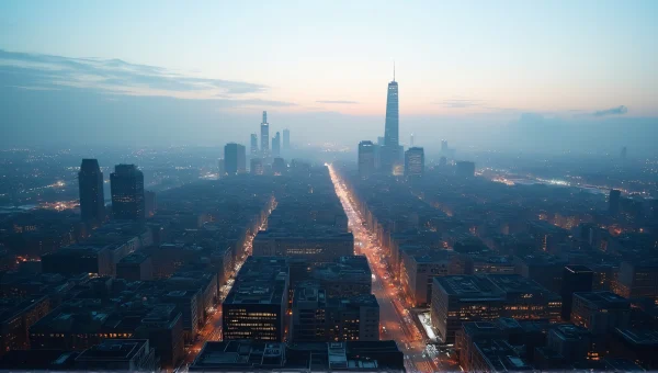 Cityscape at Dusk with Glowing Windows and Fog