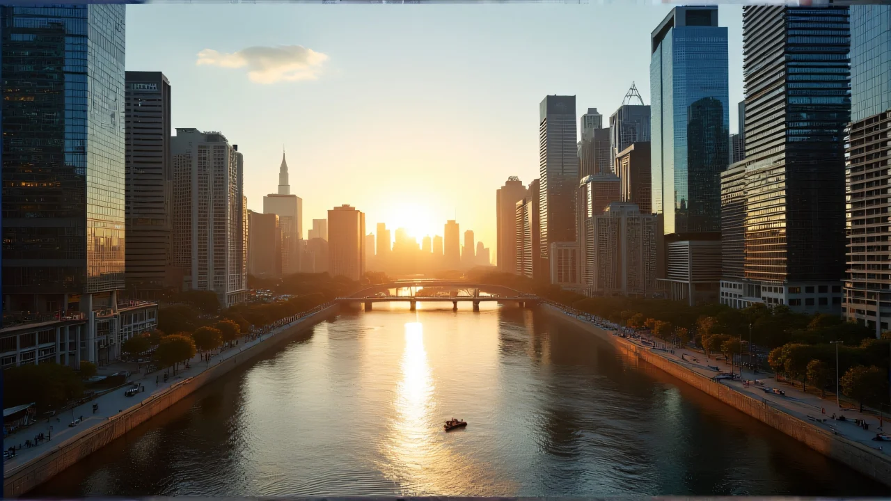 Wide-angle view of a city skyline with skyscrapers and a river at sunset.