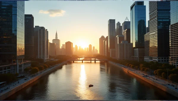 Cityscape at Golden Hour With Skyscrapers and River