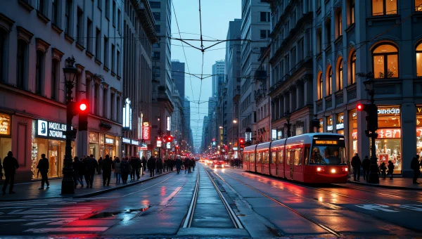 Cityscape Dusk Reflections With Pedestrians and Tram