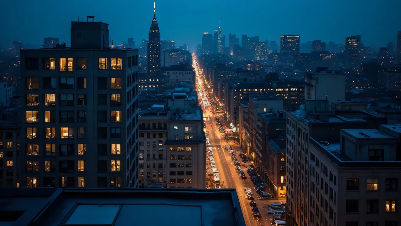 Wide-angle view of city buildings at night with illuminated windows and wet streets.
