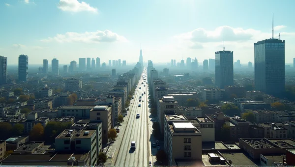 Cityscape View With Mid-Century Towers And Trams