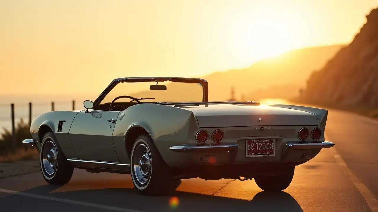 Gray 1960s convertible parked on a coastal highway during sunset.