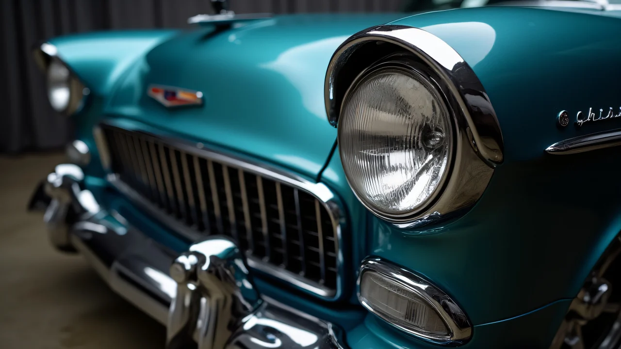 Close-up view of a classic car grille and headlight showcasing chrome details.