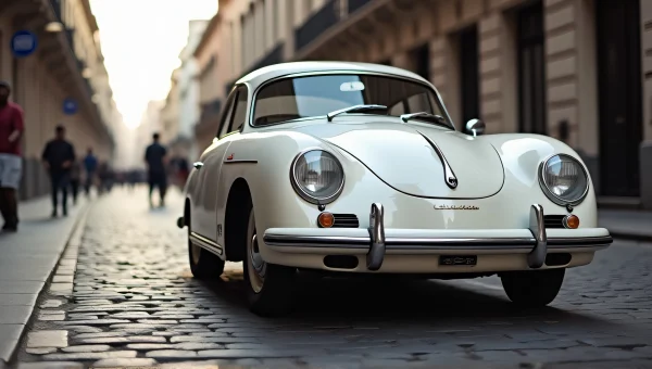 Classic White Vehicle Parked on Cobblestone Street