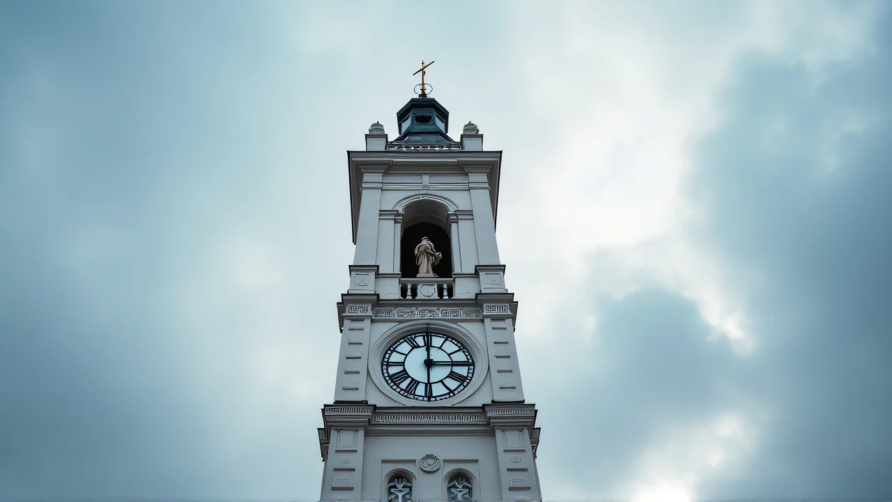 A low-angle view of a white and grey clock tower with intricate stonework under a dramatic sky.