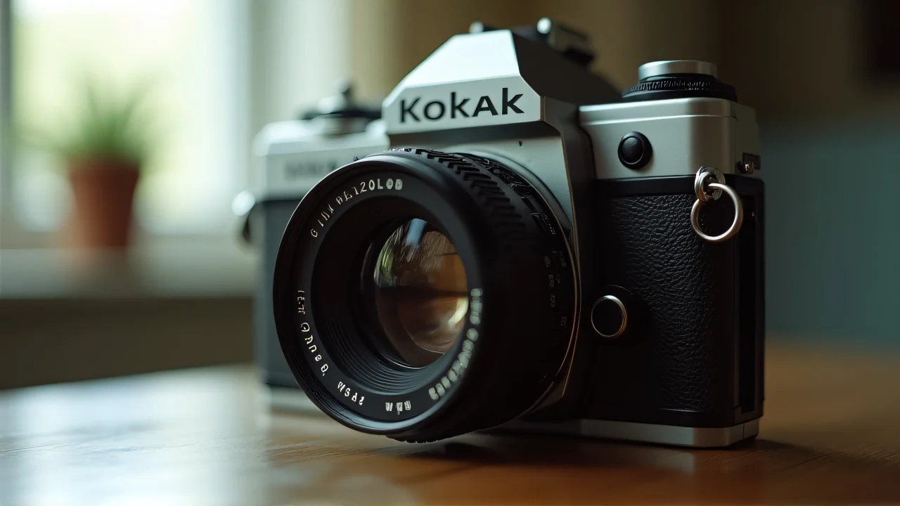 Close-up of a 35mm camera loaded with Kodak Ektar film.