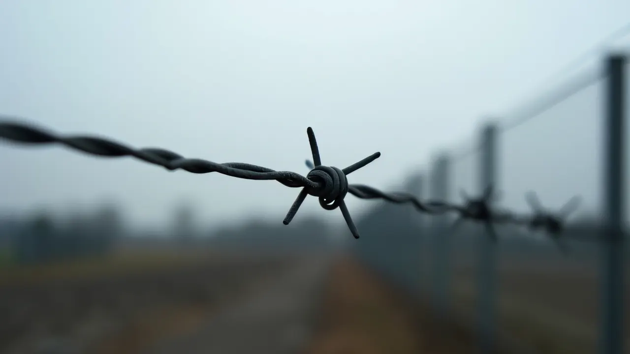 Close-up of barbed wire with blurred industrial fence and sky.