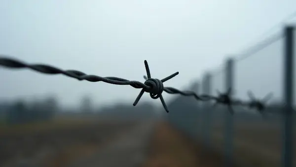 Close-Up Barbed Wire Against Industrial Background