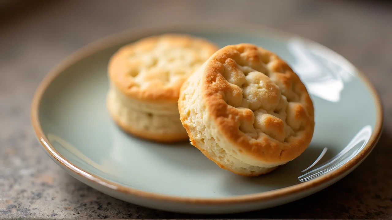 Two biscuits arranged on a ceramic saucer with soft lighting.