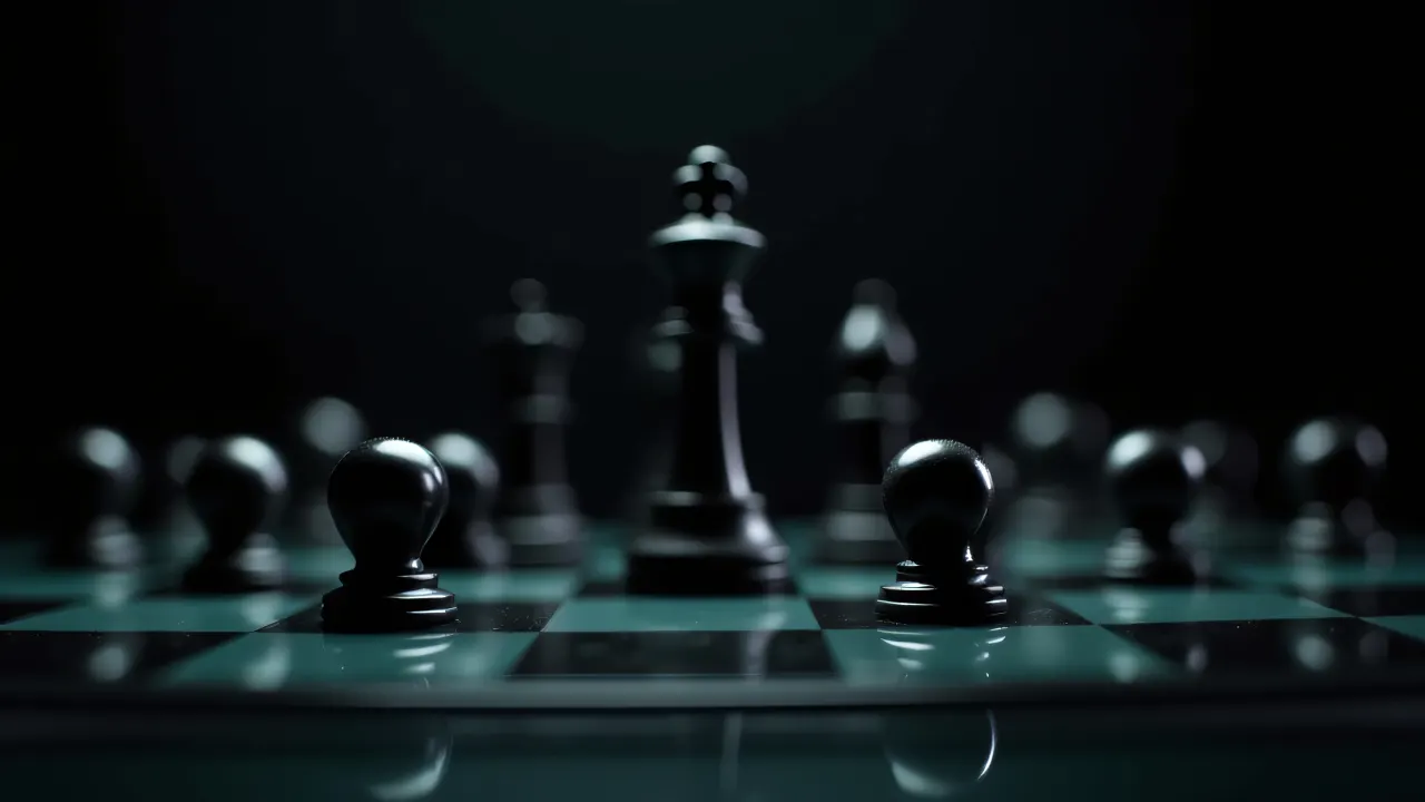 Close-up view of black chess pieces on a reflective glass board with dramatic side lighting.