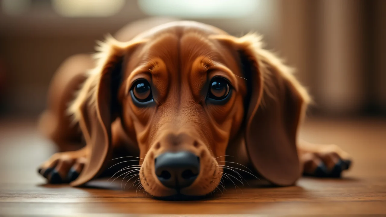 A brown dachshund rests on a wooden floor, showcasing its detailed fur in warm lighting.