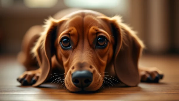 Close-Up Brown Dachshund Lying on Wooden Floor