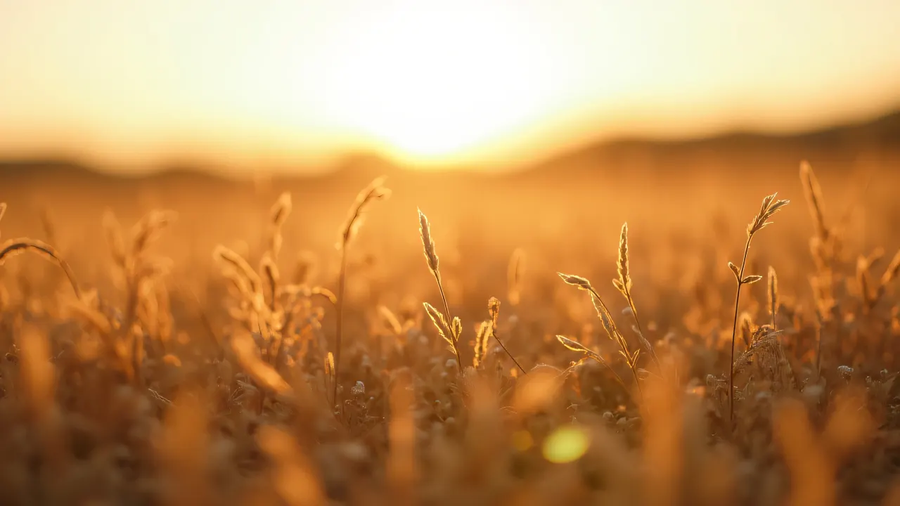 A close-up view of a brown grass field with scattered dry blades illuminated by sunlight.