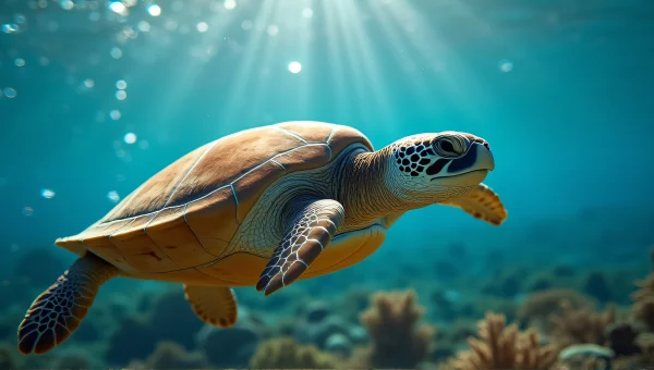Close-Up Brown Sea Turtle Underwater Swimming
