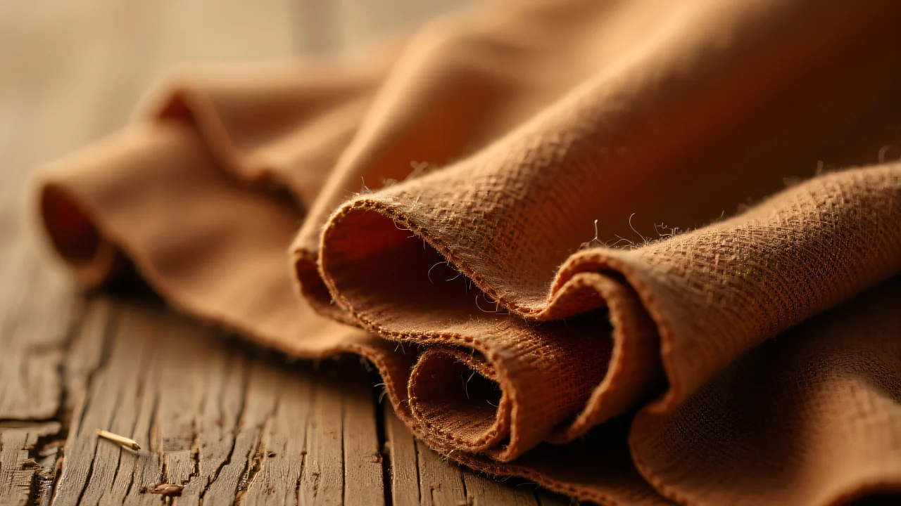 Close-up view of a folded brown textile showcasing weave and thread texture under soft lighting.