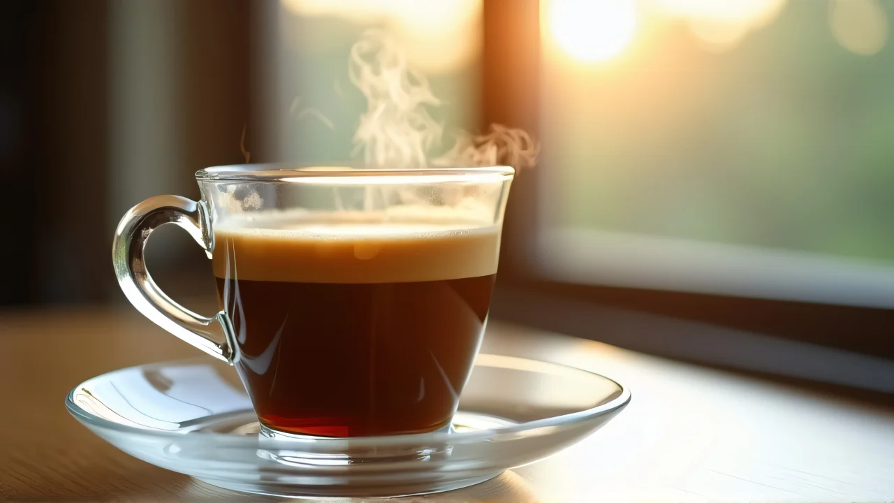 A clear glass teacup with coffee and steam on a saucer.